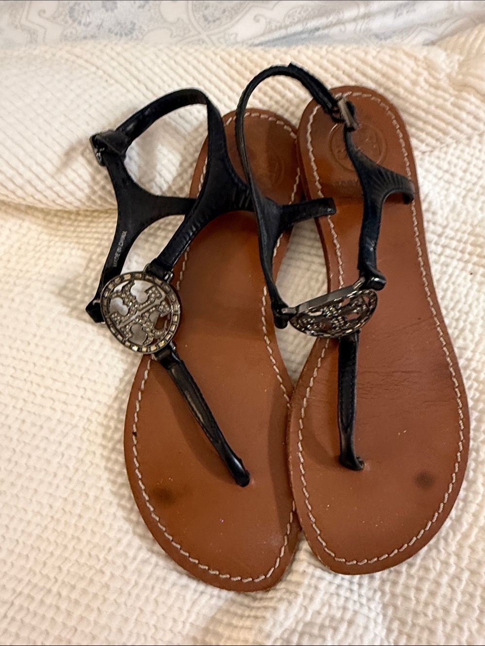 Tory Burch Black Leather T-Strap Sandals with Medallion